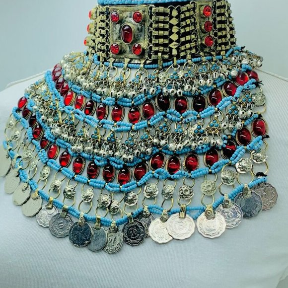 Afghan Choker Necklace, Tribal Kuchi Layered Necklace With Red Glass Stones - Picture 6 of 10